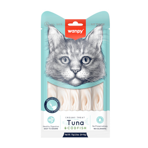 Wanpy cat creamy treat kremna poslastica s tuno in polenovko 5x14g.jpg